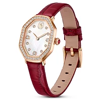 Dextera octagon watch, Swiss Made, Leather strap, Red, Rose gold-tone finish by SWAROVSKI