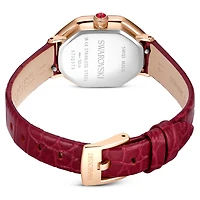 Dextera octagon watch, Swiss Made, Leather strap, Red, Rose gold-tone finish by SWAROVSKI
