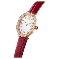 Dextera octagon watch, Swiss Made, Leather strap, Red, Rose gold-tone finish by SWAROVSKI