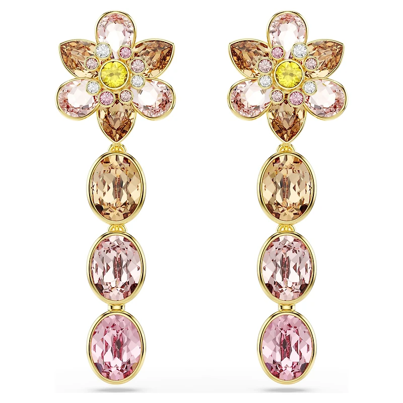 Idyllia drop earrings, Mixed cuts, Flower, Multicoloured, 18K gold finish