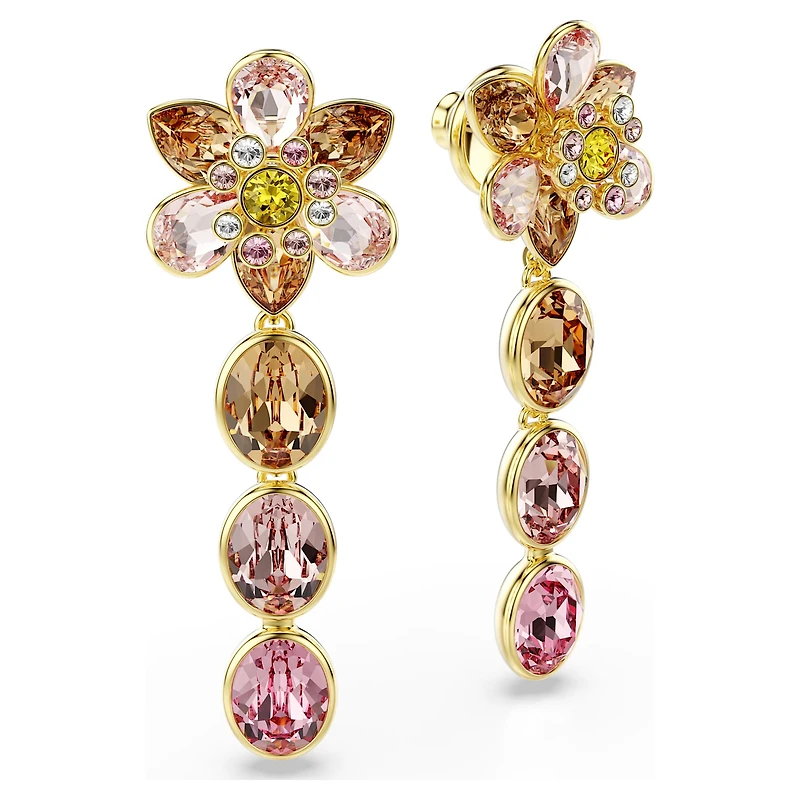 Idyllia drop earrings, Mixed cuts, Flower, Multicoloured, 18K gold finish