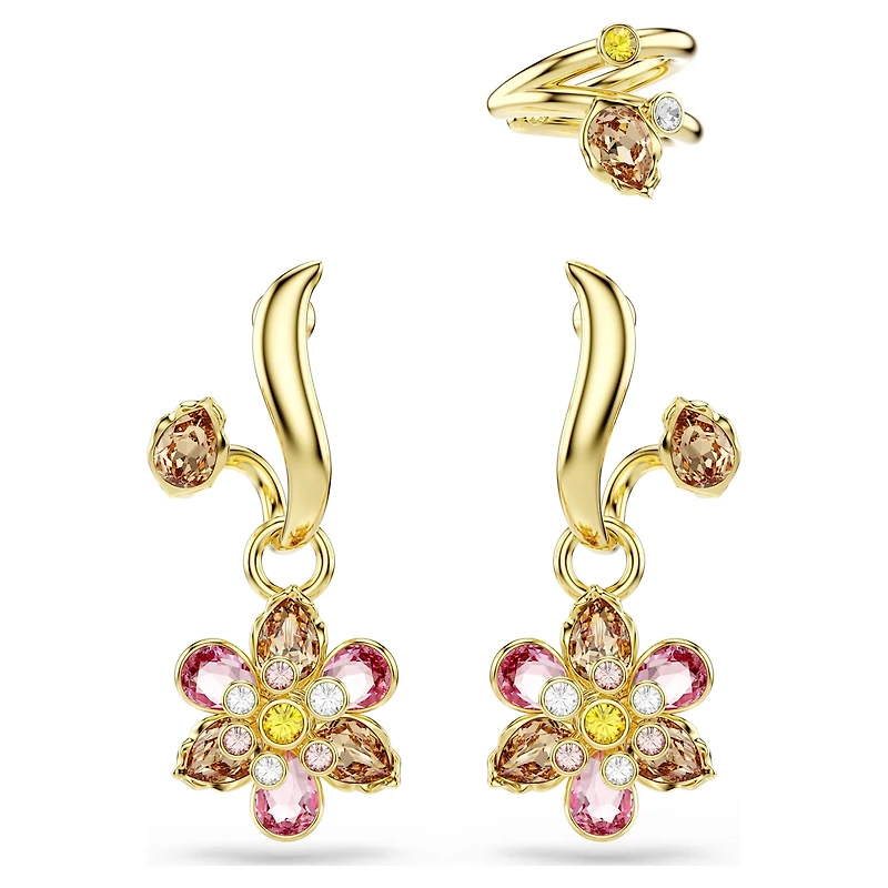 Idyllia earrings, Set (3), Mixed cuts, Flower, Multicoloured, 18K gold finish