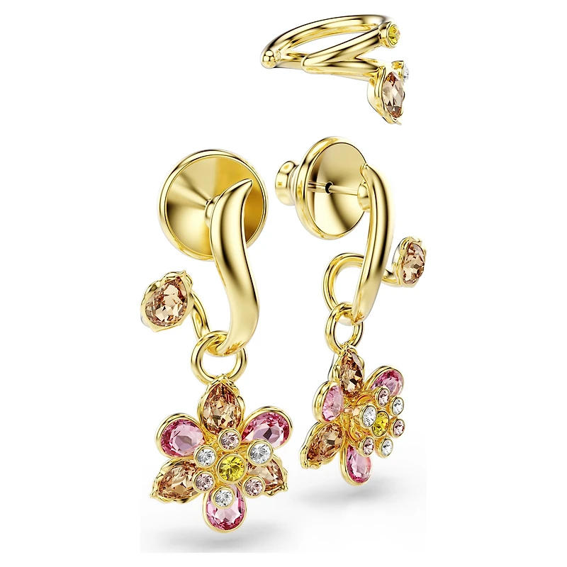 Idyllia earrings, Set (3), Mixed cuts, Flower, Multicoloured, 18K gold finish
