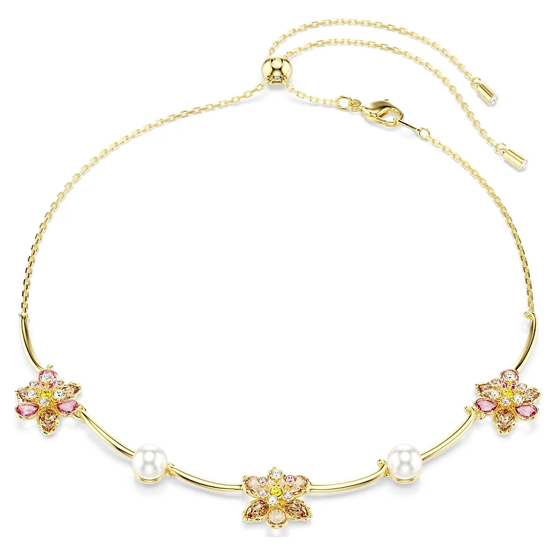 Idyllia necklace, Crystal pearl, Mixed cuts, Flower, Multicoloured, 18K gold finish