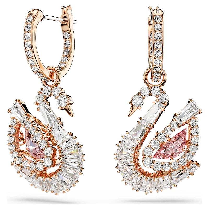 Swan drop earrings, Pavé, Swan, Pink, 18K rose gold finish