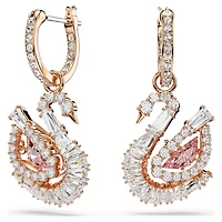 Swan drop earrings, Pavé, Swan, Pink, 18K rose gold finish