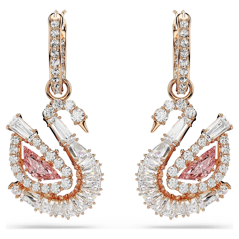 Swan drop earrings, Pavé, Swan, Pink, 18K rose gold finish