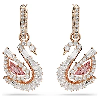 Swan drop earrings, Pavé, Swan, Pink, 18K rose gold finish