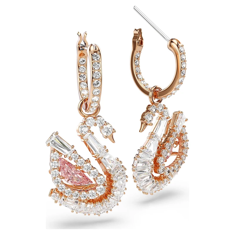 Swan drop earrings, Pavé, Swan, Pink, 18K rose gold finish