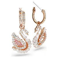 Swan drop earrings, Pavé, Swan, Pink, 18K rose gold finish