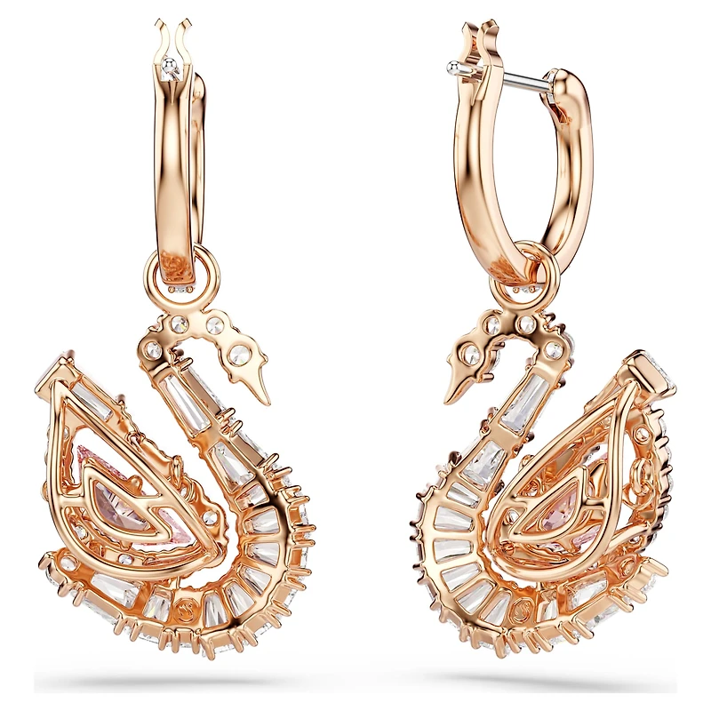 Swan drop earrings, Pavé, Swan, Pink, 18K rose gold finish
