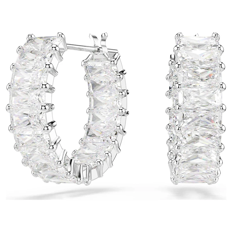 Matrix hoop earrings, Baguette cut, White, Rhodium plated by SWAROVSKI