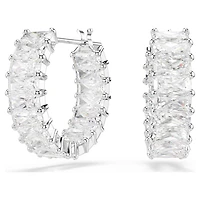 Matrix hoop earrings, Baguette cut, White, Rhodium plated by SWAROVSKI