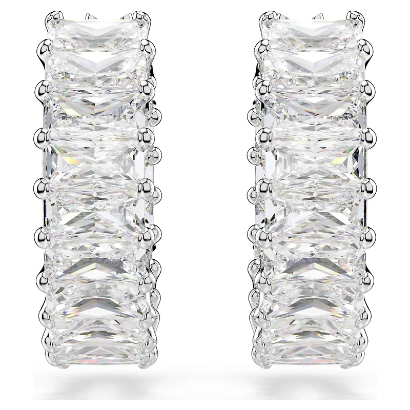 Matrix hoop earrings, Baguette cut, White, Rhodium plated by SWAROVSKI