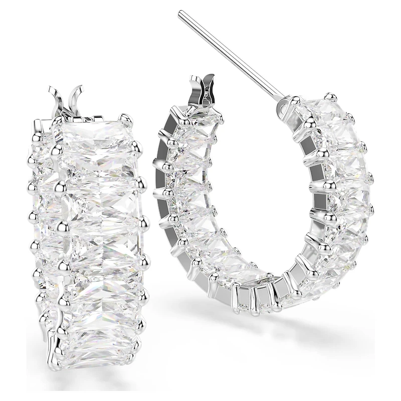 Matrix hoop earrings, Baguette cut, White, Rhodium plated by SWAROVSKI
