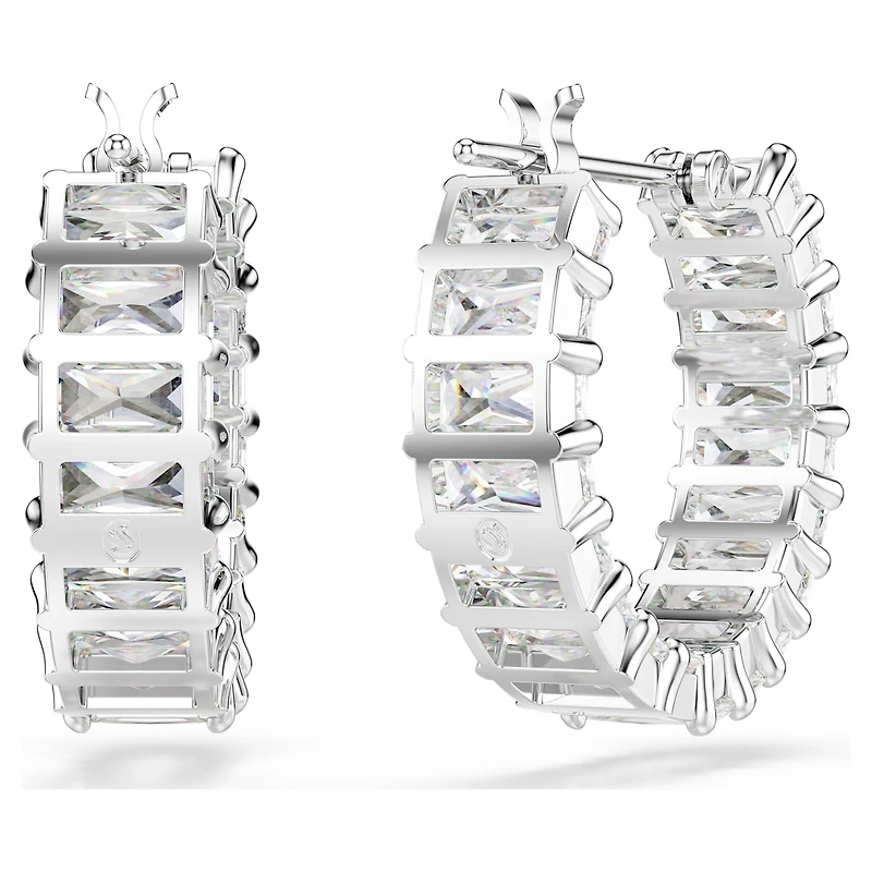 Matrix hoop earrings, Baguette cut, White, Rhodium plated by SWAROVSKI