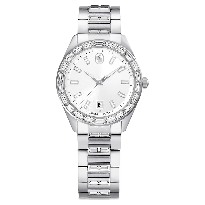 Matrix date watch, Swiss Made, Metal bracelet, Silver Tone, Stainless steel