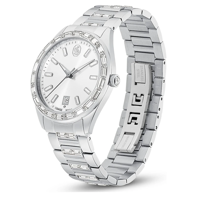 Matrix date watch, Swiss Made, Metal bracelet, Silver Tone, Stainless steel
