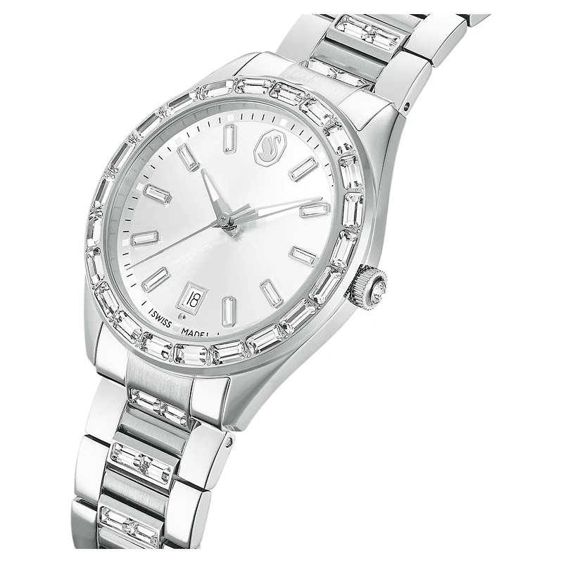 Matrix date watch, Swiss Made, Metal bracelet, Silver Tone, Stainless steel