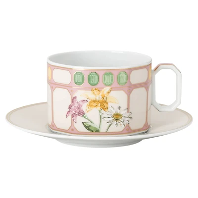 Idyllia teacup with saucer, Porcelain, Crystal print motif, Bouquet, Multicolored