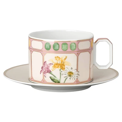 Idyllia combi cup with saucer, Porcelain, Crystal print motif, Bouquet, Multicolored