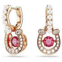 Symbolica drop earrings, Crystal pearl, Round cut, Pavé, Horse shoe, Red, 18K rose gold finish