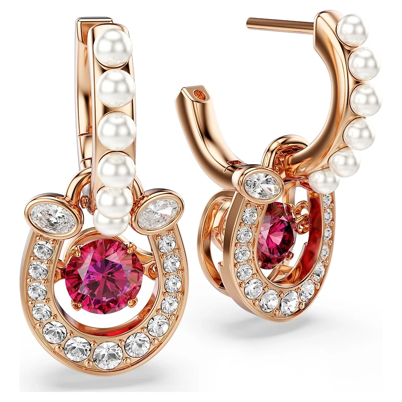 Symbolica drop earrings, Crystal pearl, Round cut, Pavé, Horseshoe, Red, 18K rose gold finish