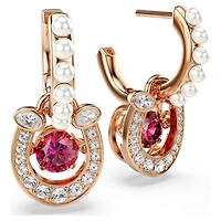 Symbolica drop earrings, Crystal pearl, Round cut, Pavé, Horseshoe, Red, 18K rose gold finish