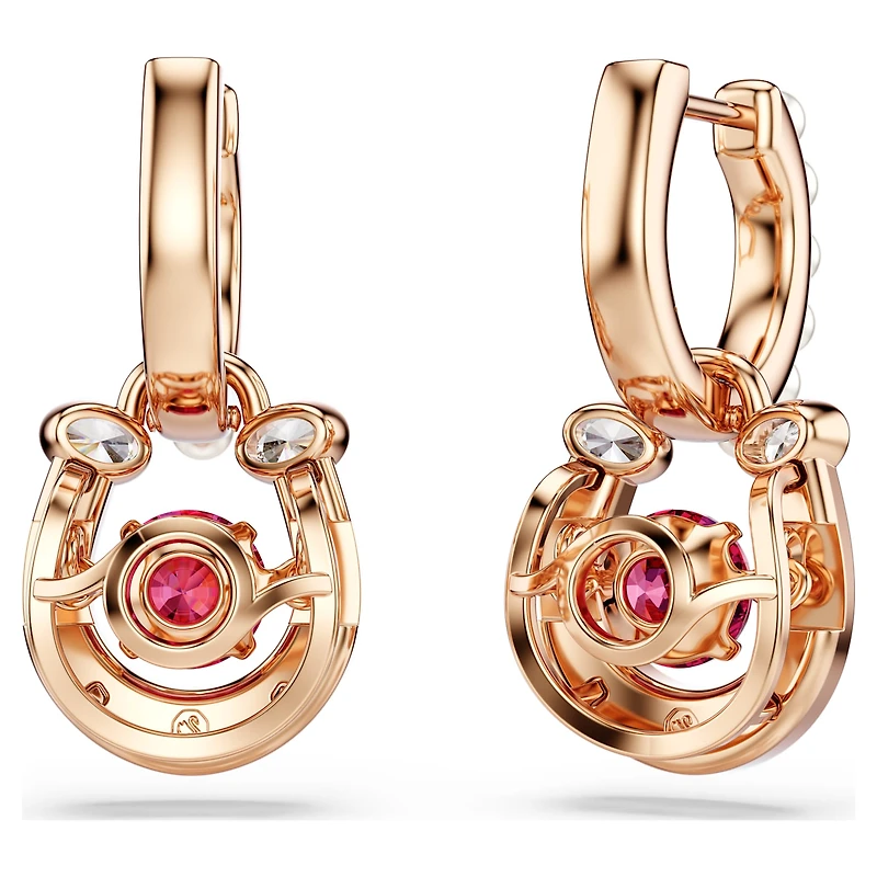 Symbolica drop earrings, Crystal pearl, Round cut, Pavé, Horse shoe, Red, 18K rose gold finish