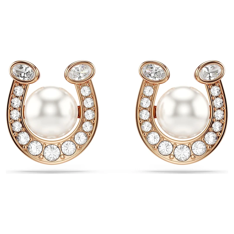 Symbolica stud earrings, Crystal pearl, Pavé, Horseshoe, White, 18K rose gold finish