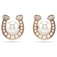 Symbolica stud earrings, Crystal pearl, Pavé, Horseshoe, White, 18K rose gold finish