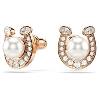 Symbolica stud earrings, Crystal pearl, Pavé, Horse shoe, White, 18K rose gold finish