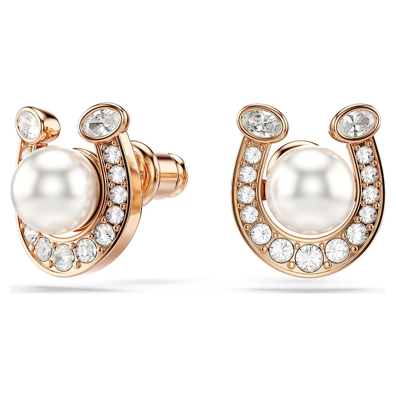 Symbolica stud earrings, Crystal pearl, Pavé, Horseshoe, White, 18K rose gold finish