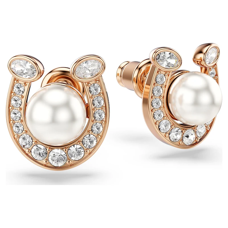 Symbolica stud earrings, Crystal pearl, Pavé, Horse shoe, White, Rose gold-tone plated by SWAROVSKI