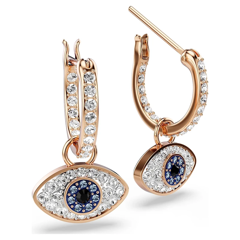 Symbolica drop earrings, Evil eye, Small, Blue, 18K rose gold finish