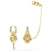 Idyllia drop earrings with ear cuff, Mixed cuts, Heart with key, Pink, 18K gold finish