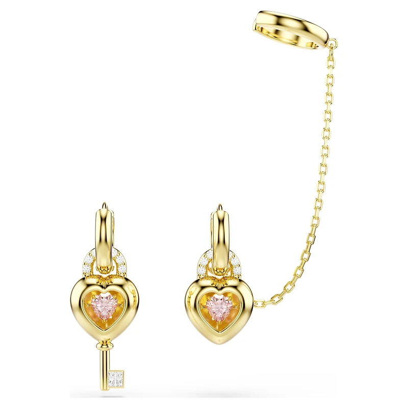 Idyllia drop earrings with ear cuff, Mixed cuts, Heart with key, Pink, Gold-tone plated by SWAROVSKI