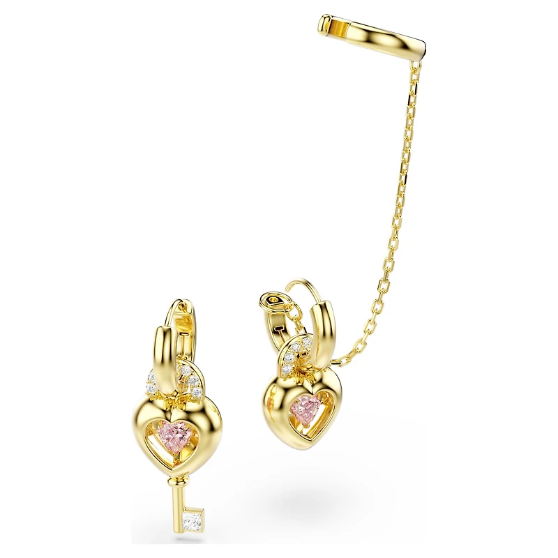 Idyllia drop earrings with ear cuff, Mixed cuts, Heart with key, Pink, 18K gold finish