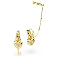 Idyllia drop earrings with ear cuff, Mixed cuts, Heart with key, Pink, 18K gold finish