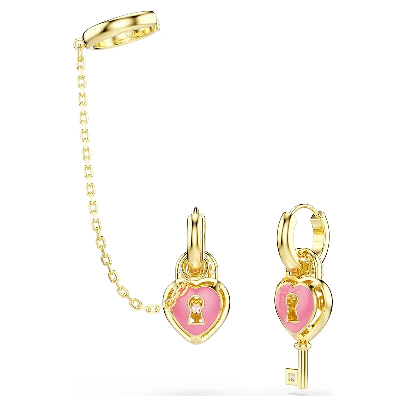 Idyllia drop earrings with ear cuff, Mixed cuts, Heart with key, Pink, 18K gold finish
