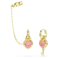 Idyllia drop earrings with ear cuff, Mixed cuts, Heart with key, Pink, 18K gold finish