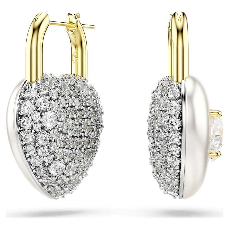 Idyllia drop earrings, Mixed cuts, Heart, White, 18K gold finish