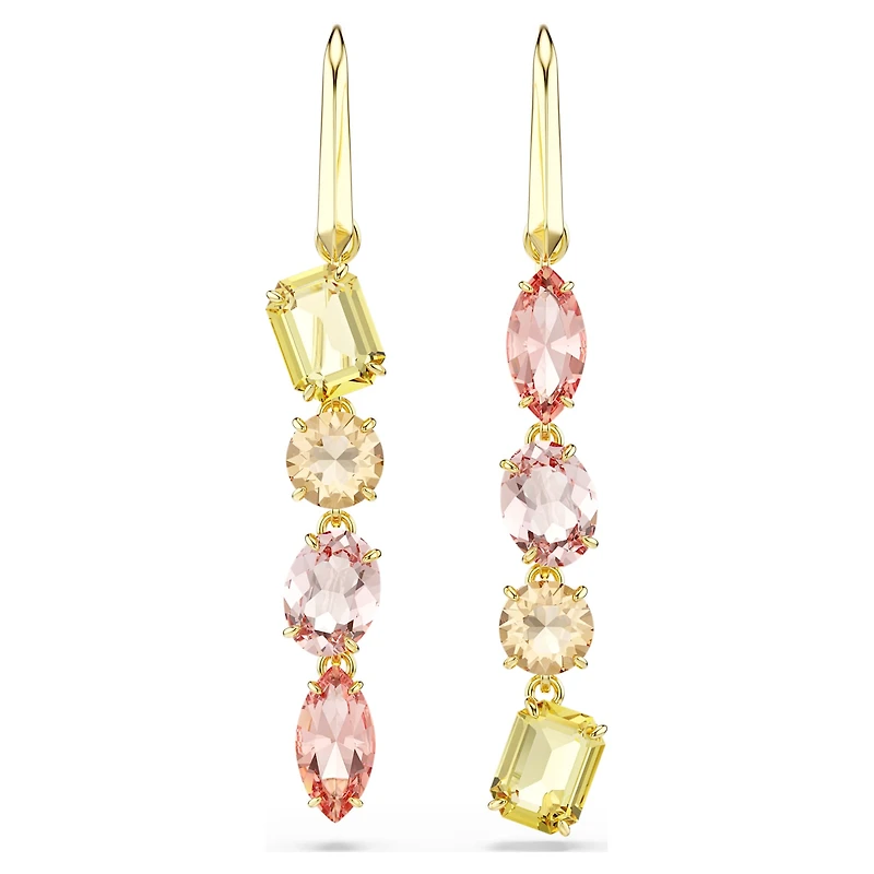 Gema drop earrings, Asymmetrical design, Mixed cuts, Pink, 18K gold finish