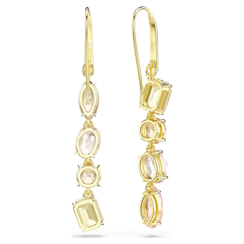 Gema drop earrings, Asymmetrical design, Mixed cuts, Pink, 18K gold finish