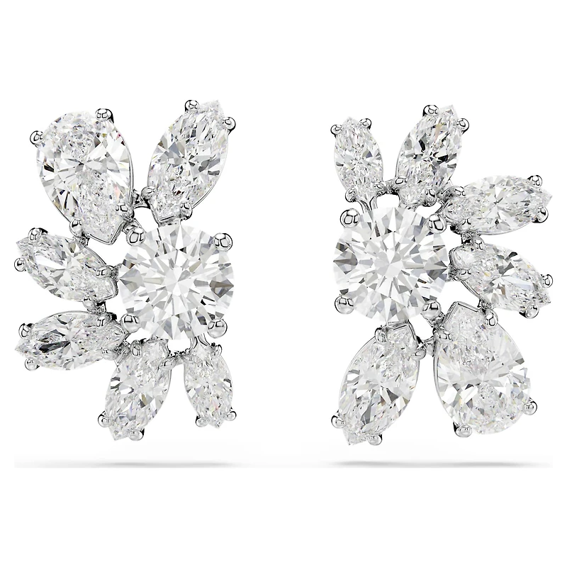 Mesmera stud earrings, Mixed cuts, Flower, White, Rhodium plated by SWAROVSKI
