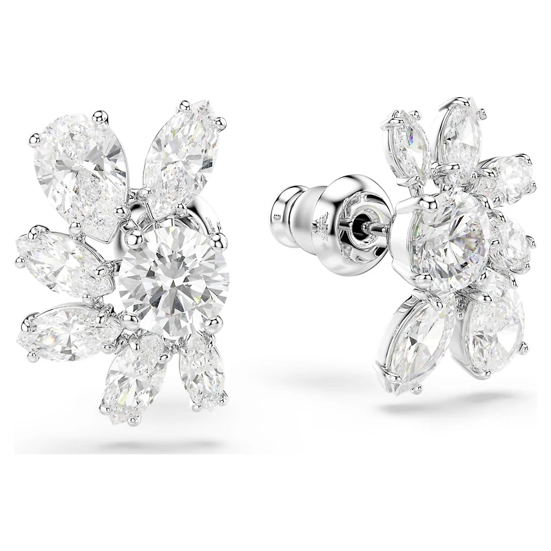 Mesmera stud earrings, Mixed cuts, Flower, White, Rhodium plated by SWAROVSKI
