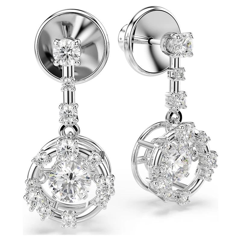 Constella drop earrings, Round cut, Dancing stone, White, Rhodium plated by SWAROVSKI