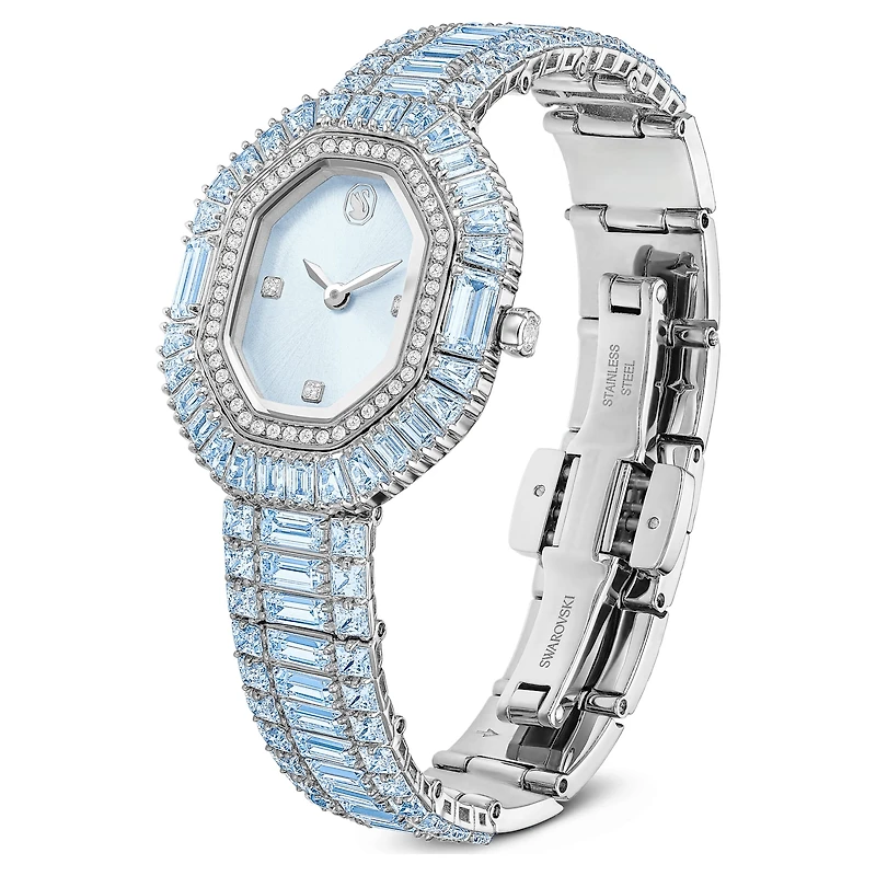Matrix octagon watch, Baguette cut, Metal bracelet, Blue, Stainless steel