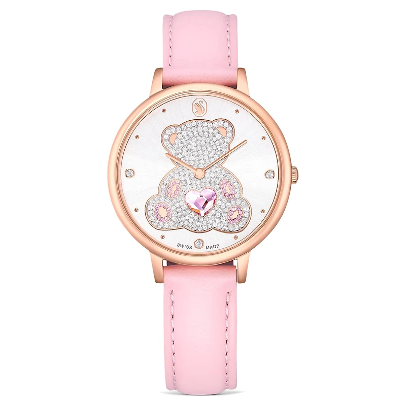 Teddy watch, Swiss Made, Leather strap, Pink, Rose gold-tone finish by SWAROVSKI