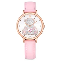 Teddy watch, Swiss Made, Leather strap, Pink, Rose gold-tone finish by SWAROVSKI